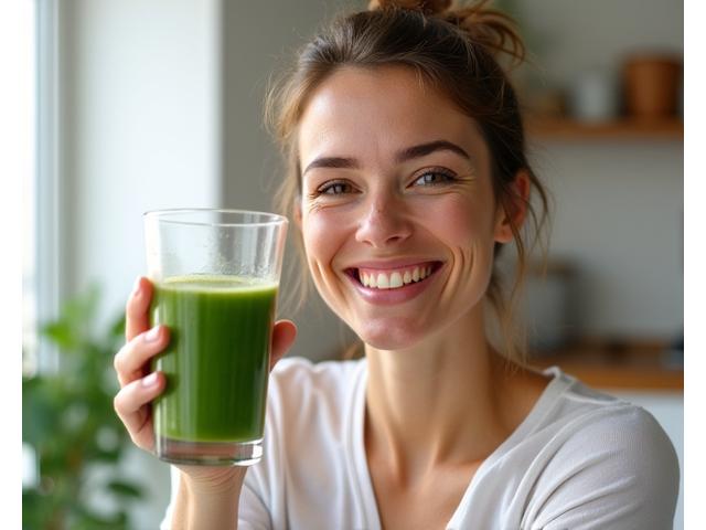 Mujer sonriente sosteniendo un batido verde después de una rutina de ejercicio.