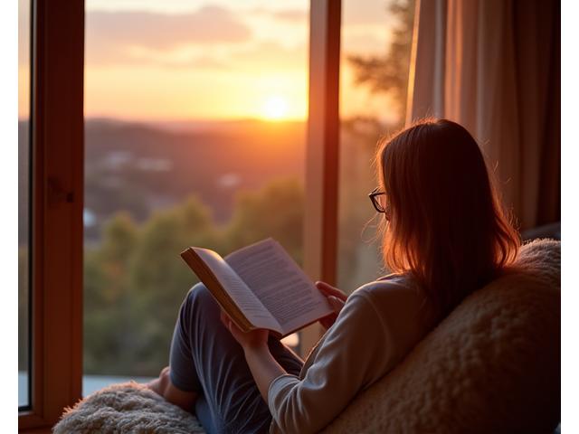 Persona leyendo un libro en una cómoda hamaca al atardecer.