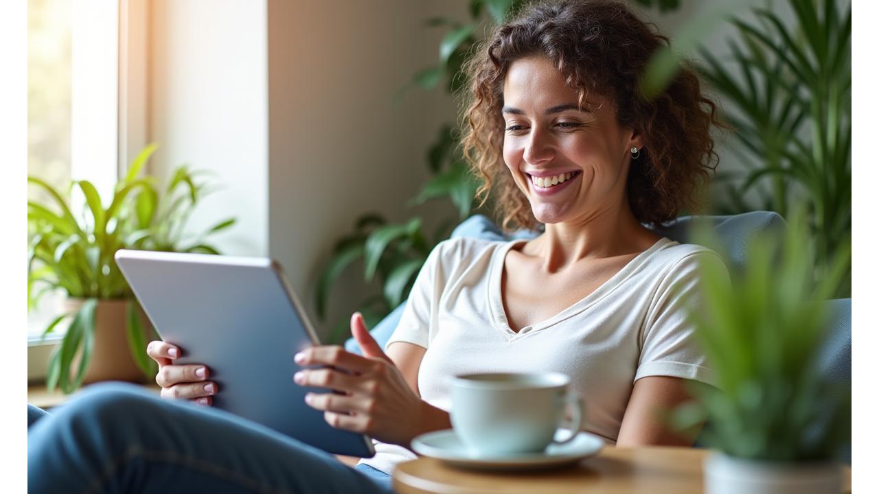 Mujer sonriente leyendo un blog de bienestar en una tablet con una taza de té, rodeada de plantas.
