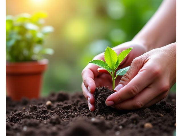 Manos de una persona plantando una pequeña planta, con tierra y herramientas de jardinería en un ambiente luminoso.