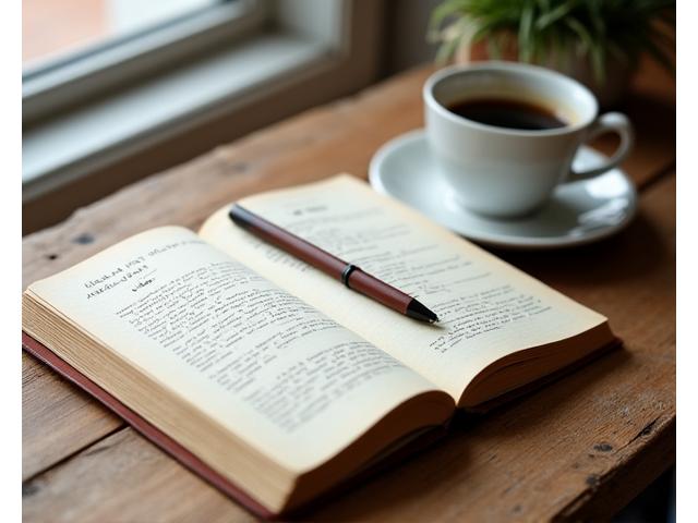Cuaderno con un bolígrafo y una taza de café sobre una mesa de madera, simbolizando la reflexión.