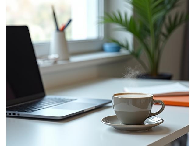 Mesa de trabajo moderna con un ordenador portátil, cuaderno y un café humeante en la parte trasera, con enfoque suave.