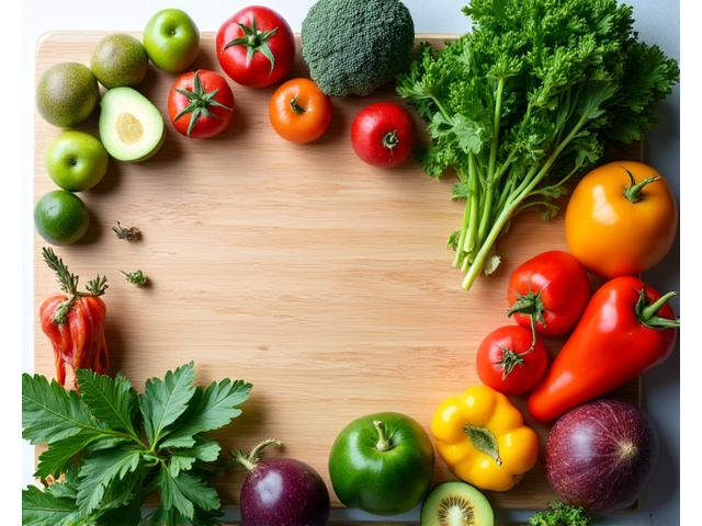 Alimentos frescos y saludables como frutas y verduras en una tabla de cortar iluminada.