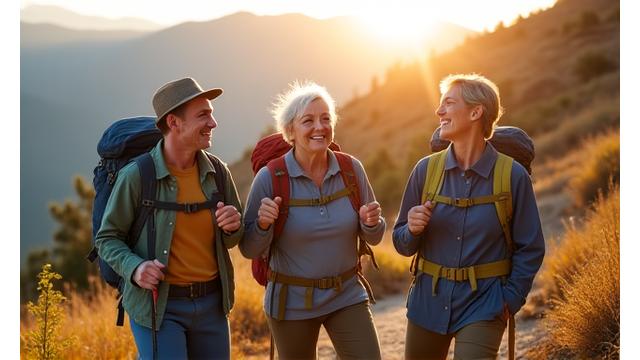 Grupo de personas mayores de 35 haciendo senderismo en un paisaje natural de la Sierra de Madrid, disfrutando del aire libre y la compañía.