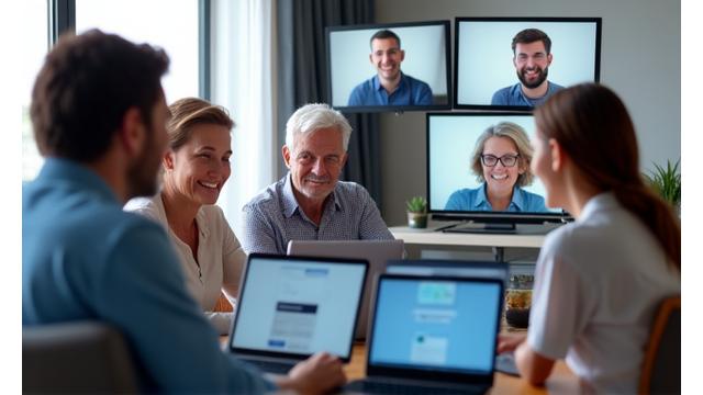 Grupo de personas atentas participando en un webinar online sobre bienestar, con pantallas de ordenador y gente sonriendo.