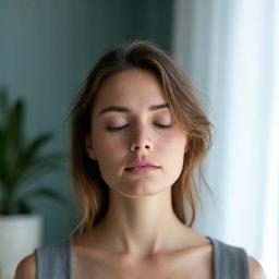 Ana, 38, meditando tranquilamente en un espacio luminoso, transmitiendo serenidad y bienestar mental.