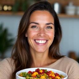 María, 45, sonriendo felizmente, una mujer con cabello oscuro y expresión amable, simbolizando el éxito en el cambio de hábitos alimenticios.