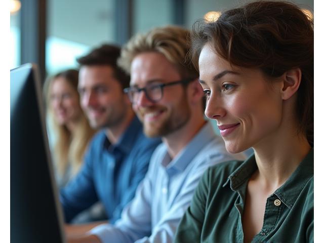 Equipo diverso de profesionales de Bienestar Senda trabajando juntos en un entorno colaborativo, simbolizando la moderación y seguridad de la comunidad.