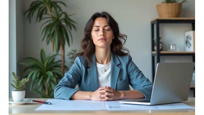 Espacio de trabajo minimalista con persona tomando una pausa para meditar, simbolizando mindfulness en la rutina diaria.