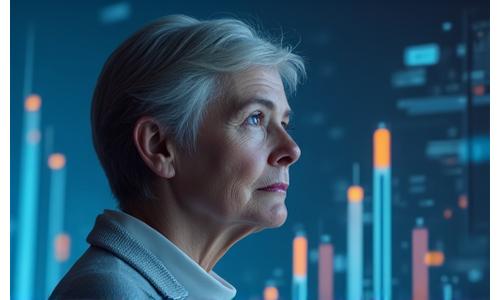 Persona mirando un gráfico financiero con símbolos de calma, representando el manejo del estrés financiero con mindfulness.