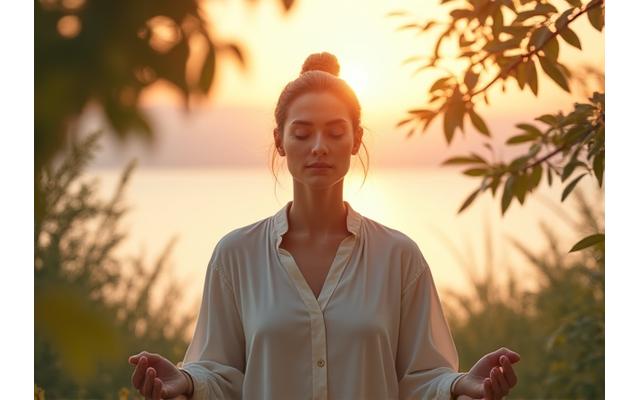 Mujer meditando serenamente en un entorno natural, representando paz y reducción del estrés.