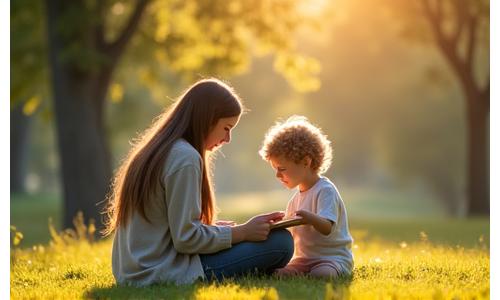 Padre e hijo meditando juntos al aire libre, representando armonía familiar y conexión.