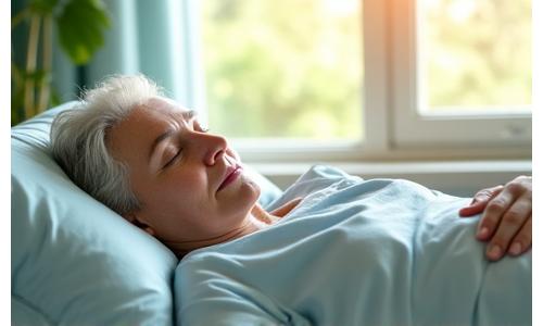 Persona en cama con gesto de serenidad, usando técnicas de relajación para manejar el dolor crónico.