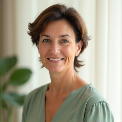 Retrato de la Dra. Elena Vega, con un aura de calma y sabiduría.
