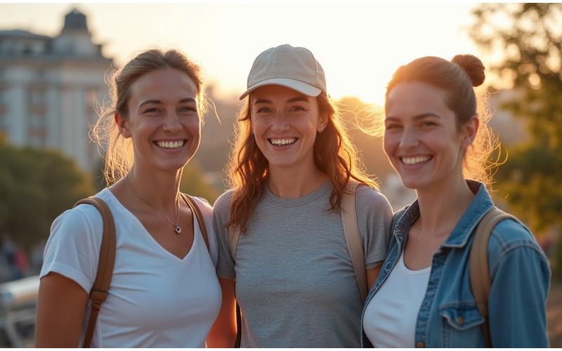 Mujeres de mediana edad sonrientes y diversas celebrando juntas, simbolizando comunidad y satisfacción.