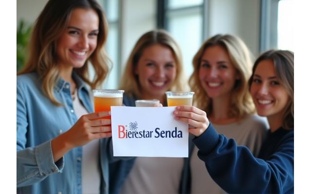 Fundadora de Bienestar Senda con un equipo pequeño, celebrando en una oficina luminosa.