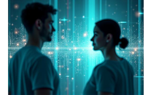 Gráficos digitales abstractos entrelazados con imágenes de bienestar, simbolizando la integración de tecnología y salud.