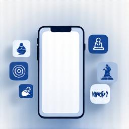 Iconos minimalistas de aplicaciones de bienestar flotando alrededor de un teléfono inteligente, representando ruido blanco, meditación y sonidos de la naturaleza.