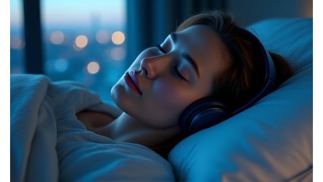 Persona durmiendo tranquilamente con auriculares de cancelación de ruido, con una ventana que sugiere un entorno urbano activo en el exterior.