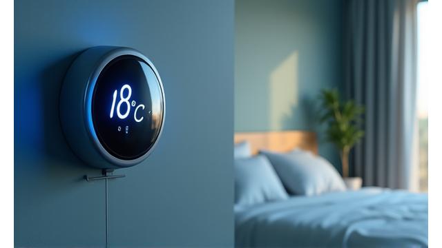 Termostato digital en la pared de un dormitorio, mostrando una temperatura de 18°C y un ambiente fresco y acogedor.