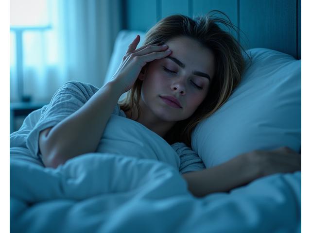 Mujer de mediana edad que se despierta con sudores nocturnos, ilustrando cambios hormonales y metabólicos.