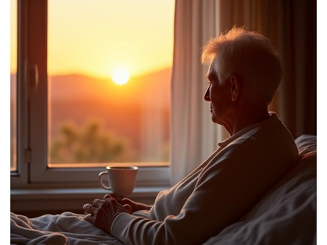 Hombre mayor mirando el amanecer desde su ventana, pensativo, representando la fragmentación del sueño en la tercera edad.