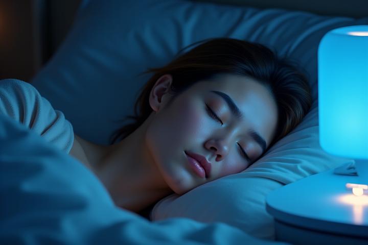 Mujer tranquila durmiendo profundamente en una cama suave y cómoda, con un halo de luz azul serena que representa ondas de sueño reparador y un dispositivo de seguimiento de sueño en la mesita de noche.