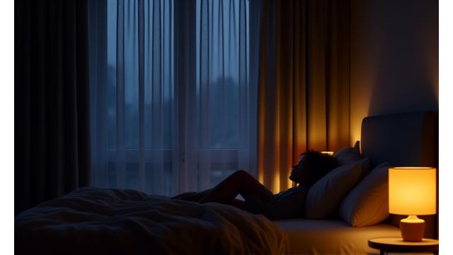 Cortinas opacas bloqueando la luz de una ventana en un dormitorio, con una luz tenue de mesilla de noche y una figura relajada en la cama.