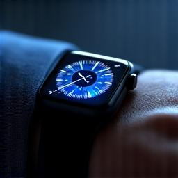 Primer plano de un smartwatch en una muñeca, emitiendo ondas de luz que simulan el seguimiento de signos vitales durante el sueño.