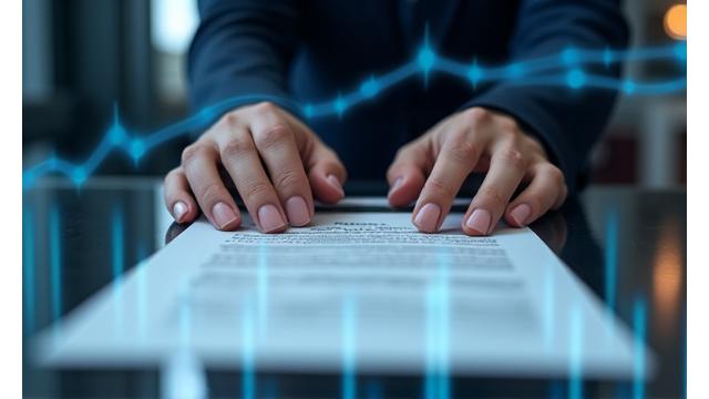 Personas revisando un documento legal con un fondo de gráficos de datos