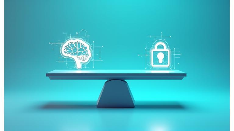 Ilustración de una balanza digital con un cerebro y un candado, simbolizando la protección de ideas y la propiedad intelectual