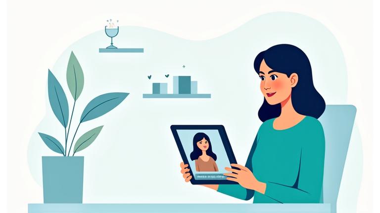 Ilustración de una persona consultando a un experto en nutrición a través de una pantalla, con gráficos de bienestar en segundo plano