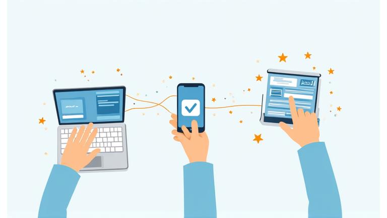 Ilustración de manos sosteniendo un portátil y un teléfono, representando la interacción responsable con plataformas online