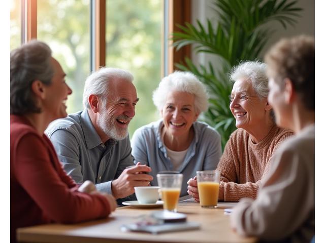 Grupo de adultos mayores riendo y socializando en un club de lectura en Madrid.
