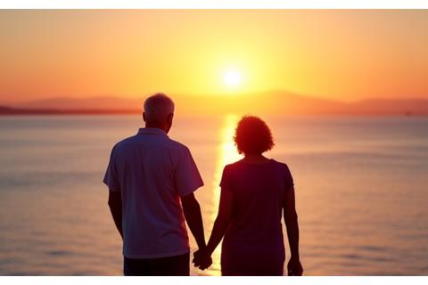 Pareja mayor tomada de la mano, disfrutando de un atardecer en la playa, simbolizando bienestar en la relación.