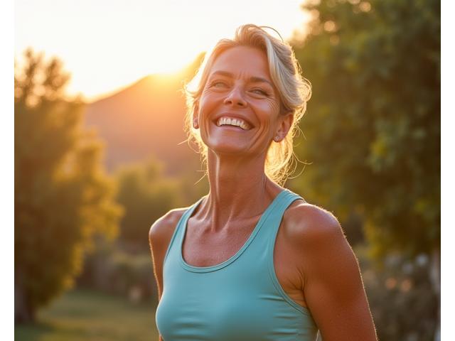 Mujer sonriente de 60 años en ropa de yoga con energía, en un entorno luminoso y sereno