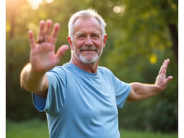Hombre de 65 años practicando tai chi al aire libre con sonrisa serena.