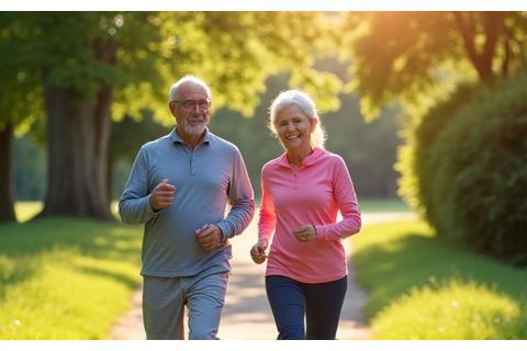 Pareja mayor sonriente y activa, vestida con ropa deportiva, caminando por un sendero soleado en un parque.